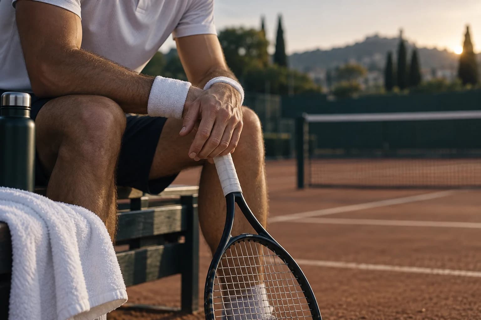 Sportiv adult așezat pe marginea terenului de tenis, imagine ilustrativă